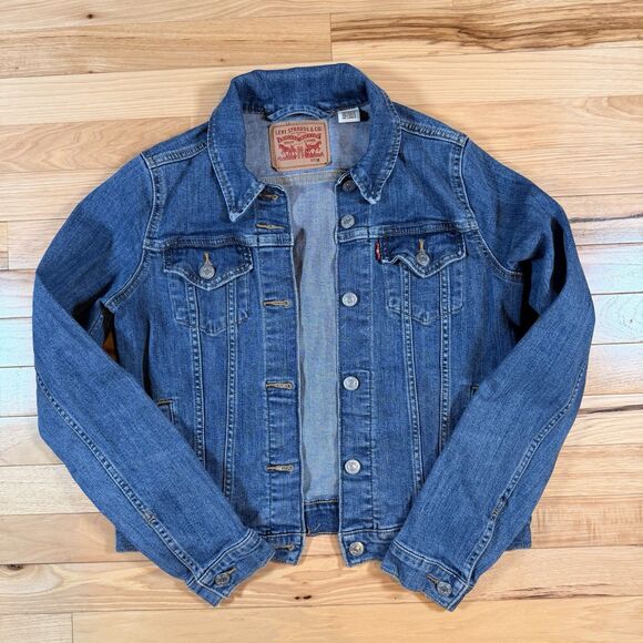 Levi's Classic Trucker Denim Rivet Button Crop Jean Jacket Women's Medium Blue - Picture 1 of 6
